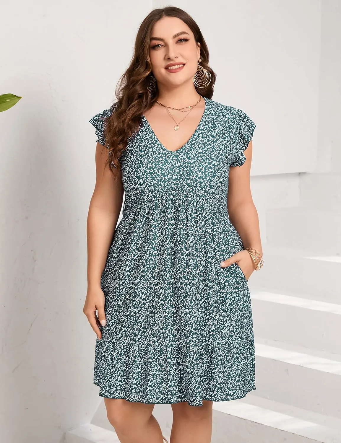 ShopWonder Womens Plus Size Casual V Neck Dress Loose Swing Ruffle Summer Boho Midi Dress with Pockets