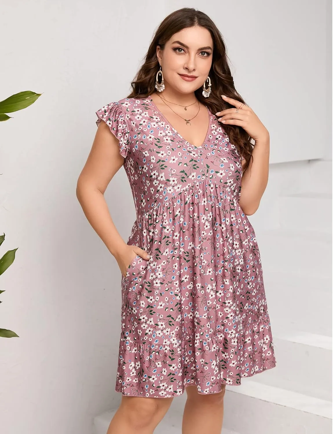 ShopWonder Womens Plus Size Casual V Neck Dress Loose Swing Ruffle Summer Boho Midi Dress with Pockets