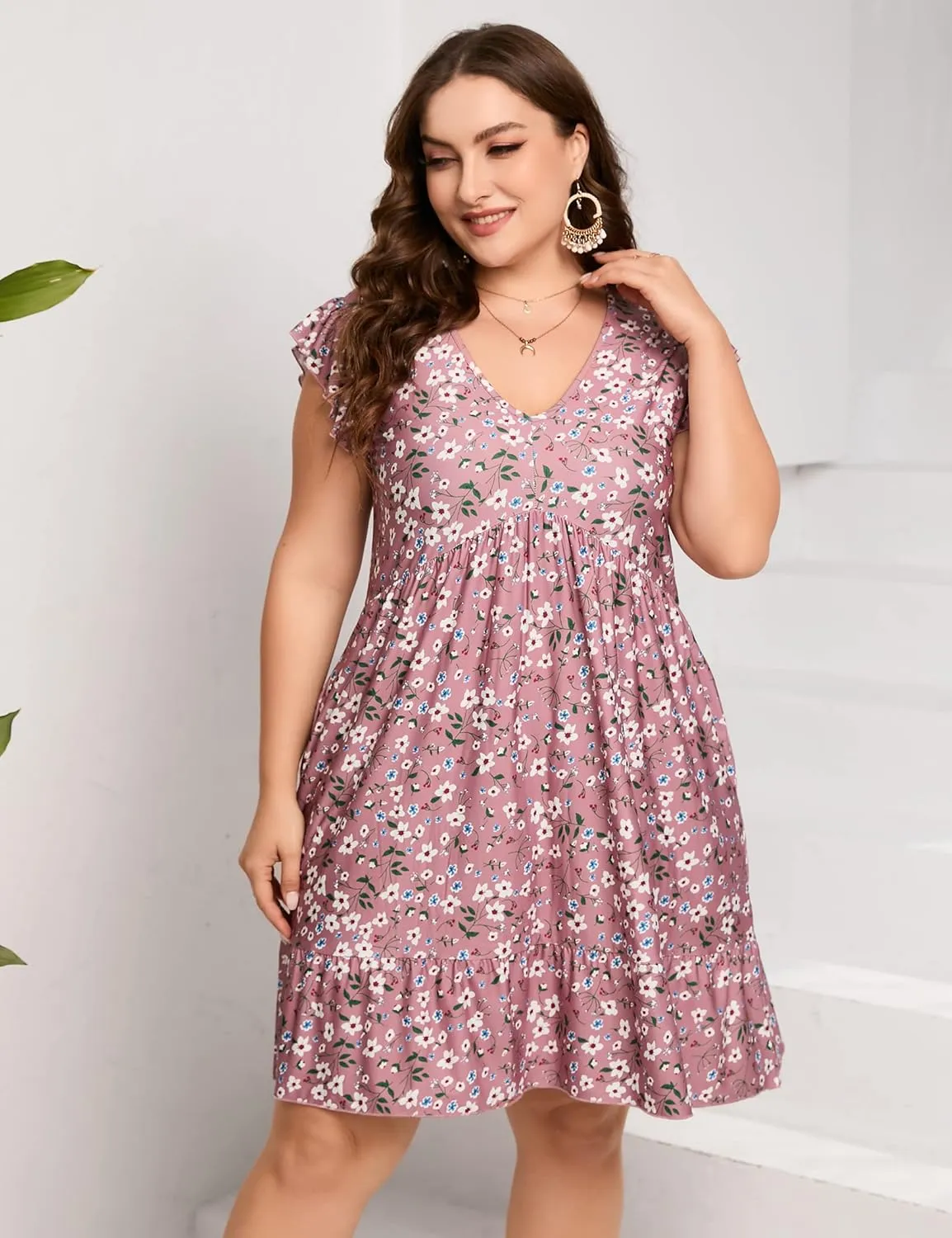 ShopWonder Womens Plus Size Casual V Neck Dress Loose Swing Ruffle Summer Boho Midi Dress with Pockets