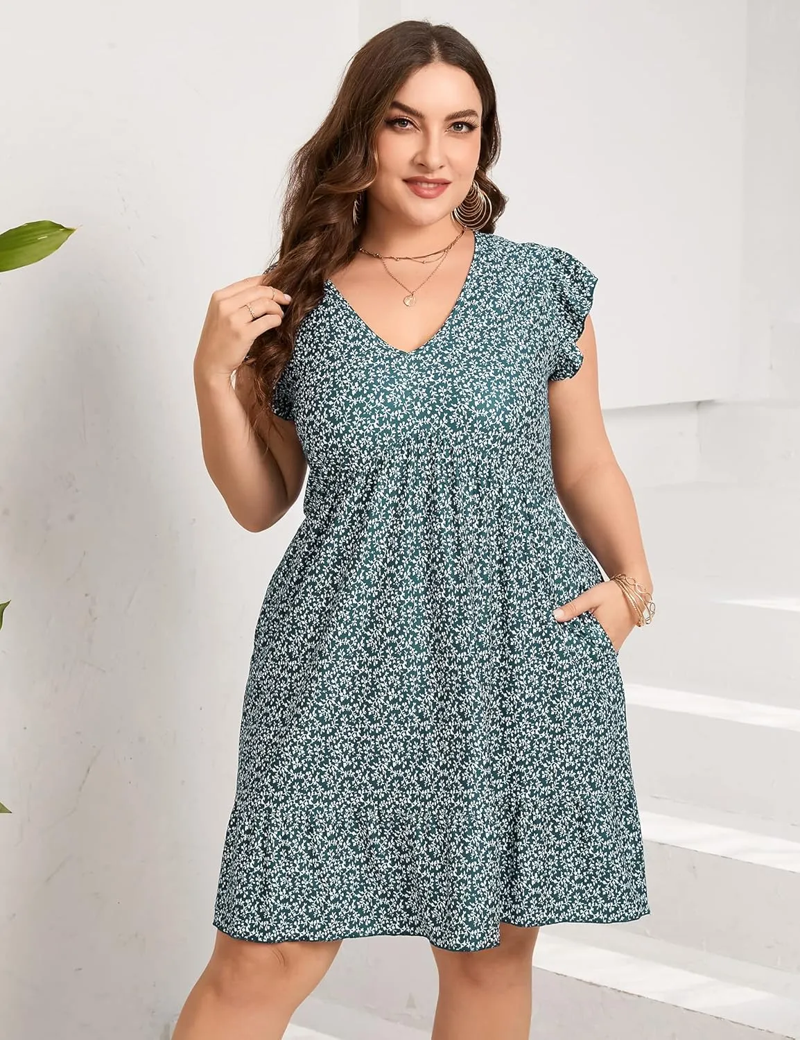 ShopWonder Womens Plus Size Casual V Neck Dress Loose Swing Ruffle Summer Boho Midi Dress with Pockets