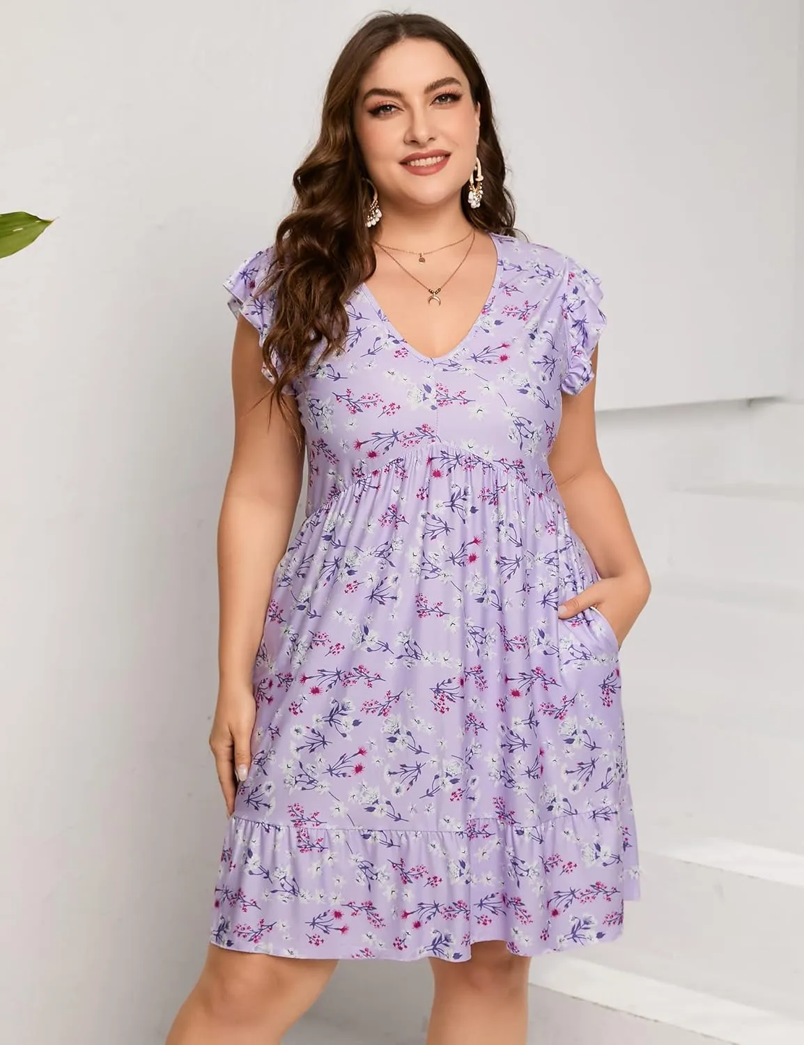 ShopWonder Womens Plus Size Casual V Neck Dress Loose Swing Ruffle Summer Boho Midi Dress with Pockets