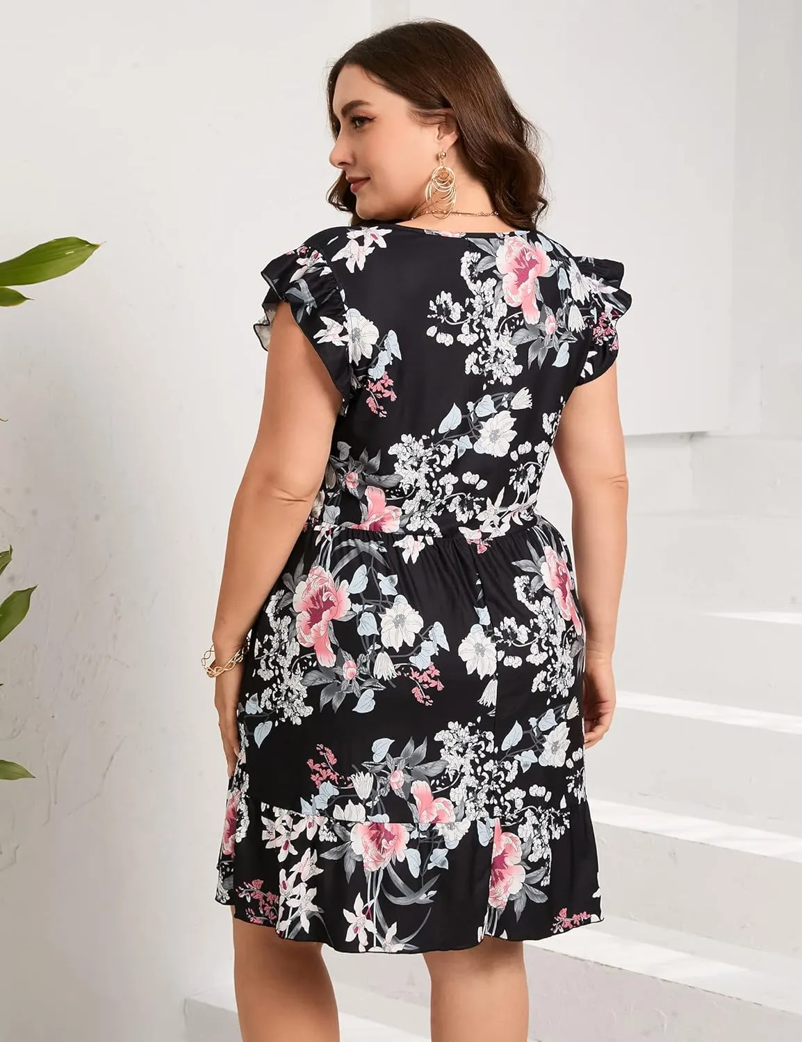 ShopWonder Womens Plus Size Casual V Neck Dress Loose Swing Ruffle Summer Boho Midi Dress with Pockets