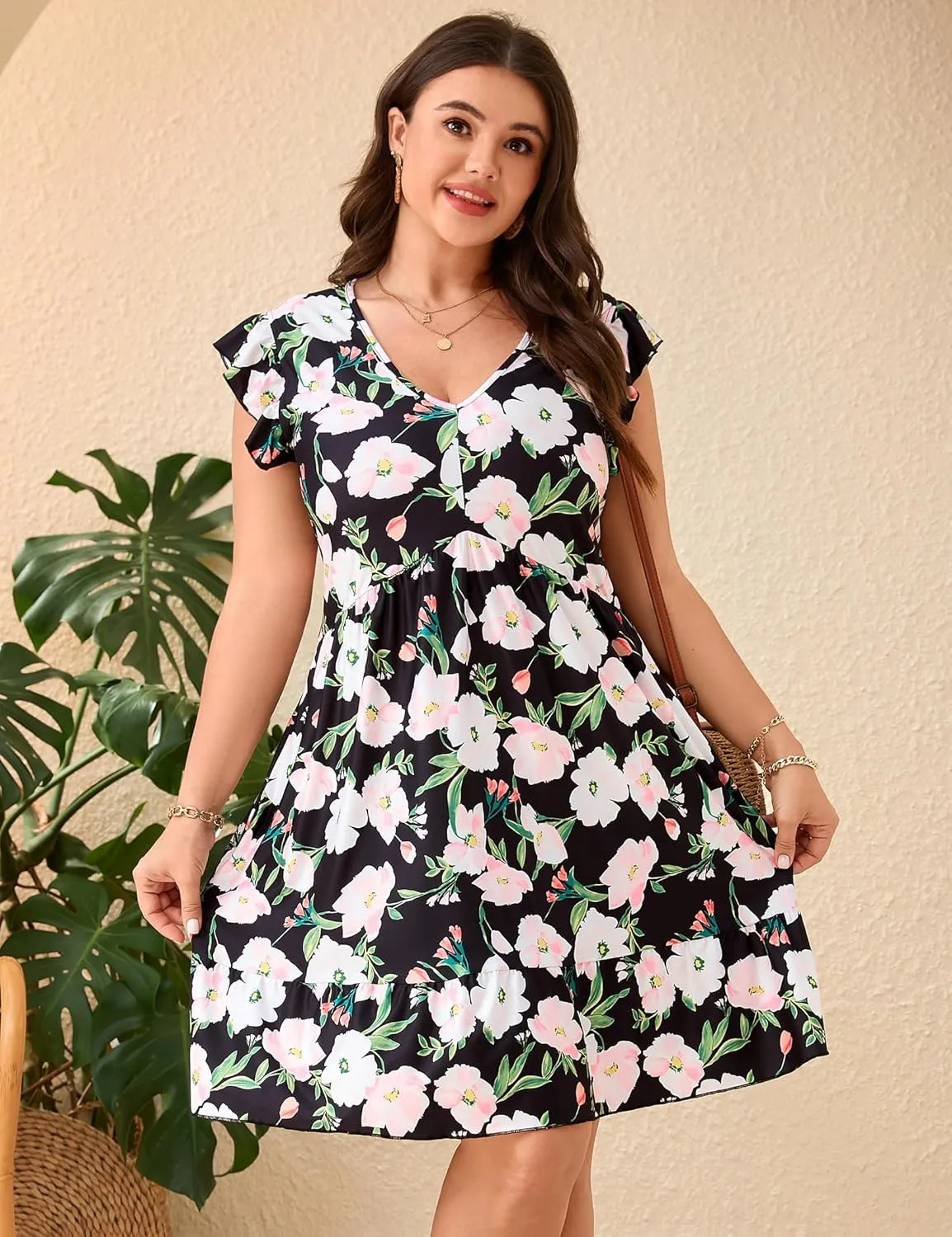 ShopWonder Womens Plus Size Casual V Neck Dress Loose Swing Ruffle Summer Boho Midi Dress with Pockets