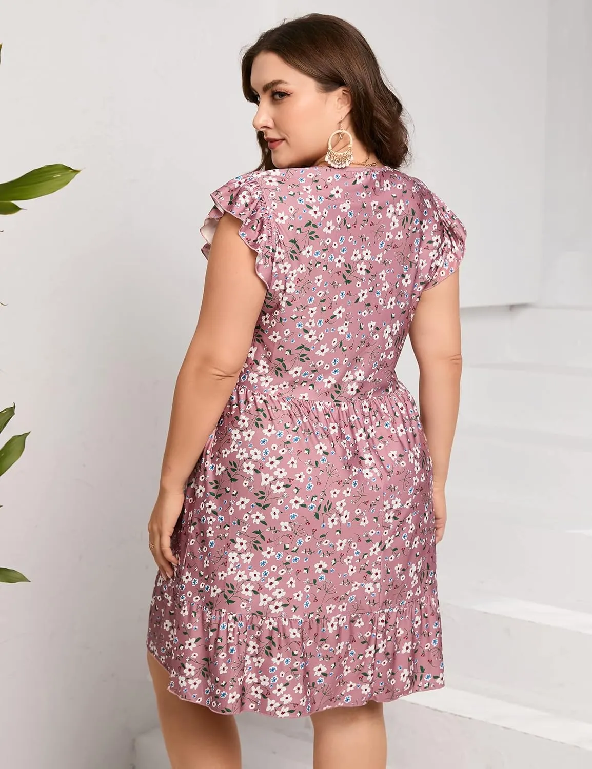 ShopWonder Womens Plus Size Casual V Neck Dress Loose Swing Ruffle Summer Boho Midi Dress with Pockets