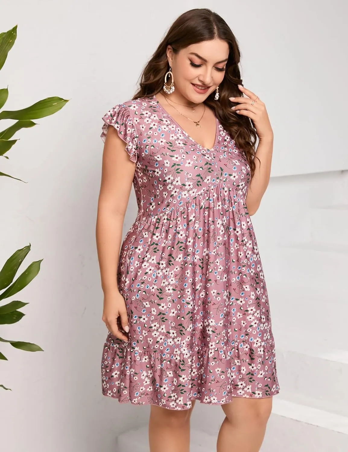 ShopWonder Womens Plus Size Casual V Neck Dress Loose Swing Ruffle Summer Boho Midi Dress with Pockets