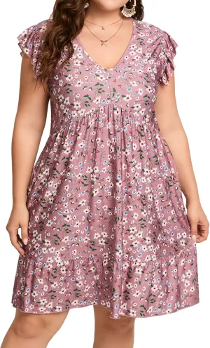 ShopWonder Womens Plus Size Casual V Neck Dress Loose Swing Ruffle Summer Boho Midi Dress with Pockets