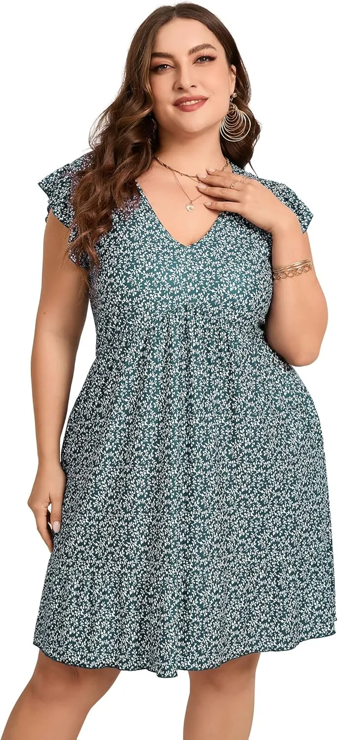 ShopWonder Womens Plus Size Casual V Neck Dress Loose Swing Ruffle Summer Boho Midi Dress with Pockets