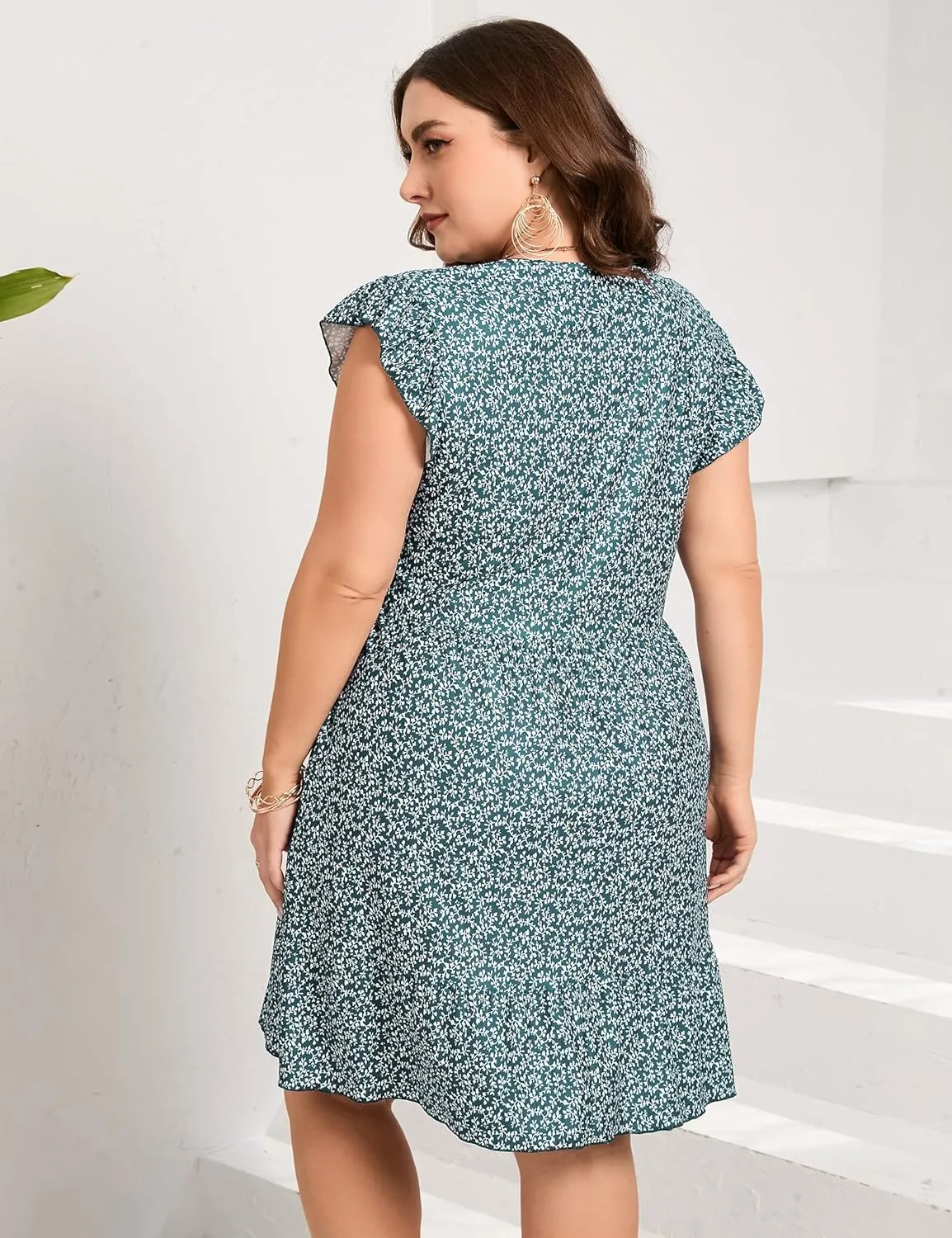 ShopWonder Womens Plus Size Casual V Neck Dress Loose Swing Ruffle Summer Boho Midi Dress with Pockets