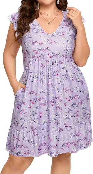 ShopWonder Womens Plus Size Casual V Neck Dress Loose Swing Ruffle Summer Boho Midi Dress with Pockets