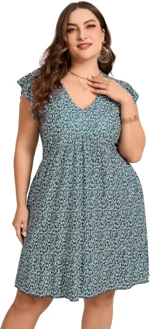 ShopWonder Womens Plus Size Casual V Neck Dress Loose Swing Ruffle Summer Boho Midi Dress with Pockets
