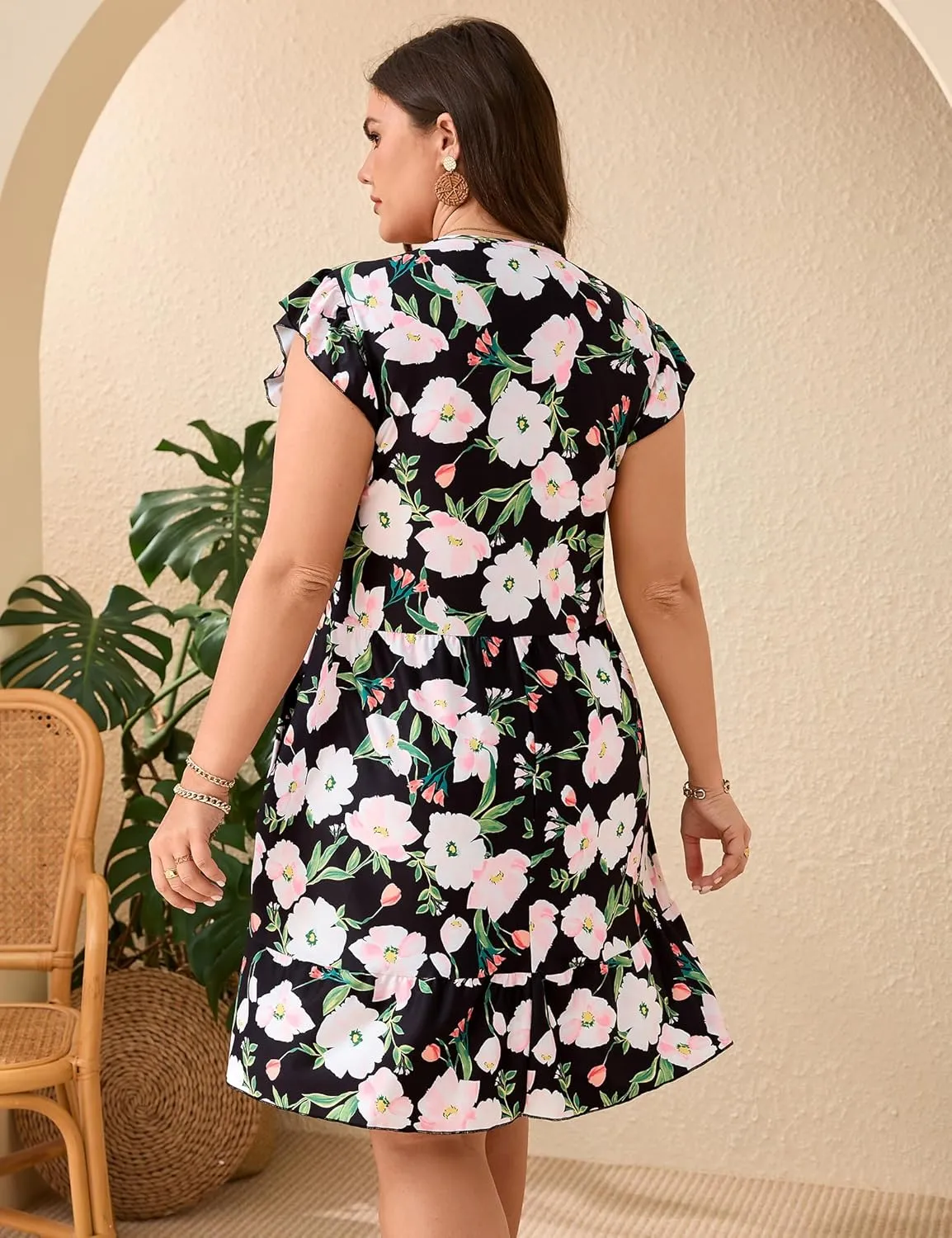 ShopWonder Womens Plus Size Casual V Neck Dress Loose Swing Ruffle Summer Boho Midi Dress with Pockets