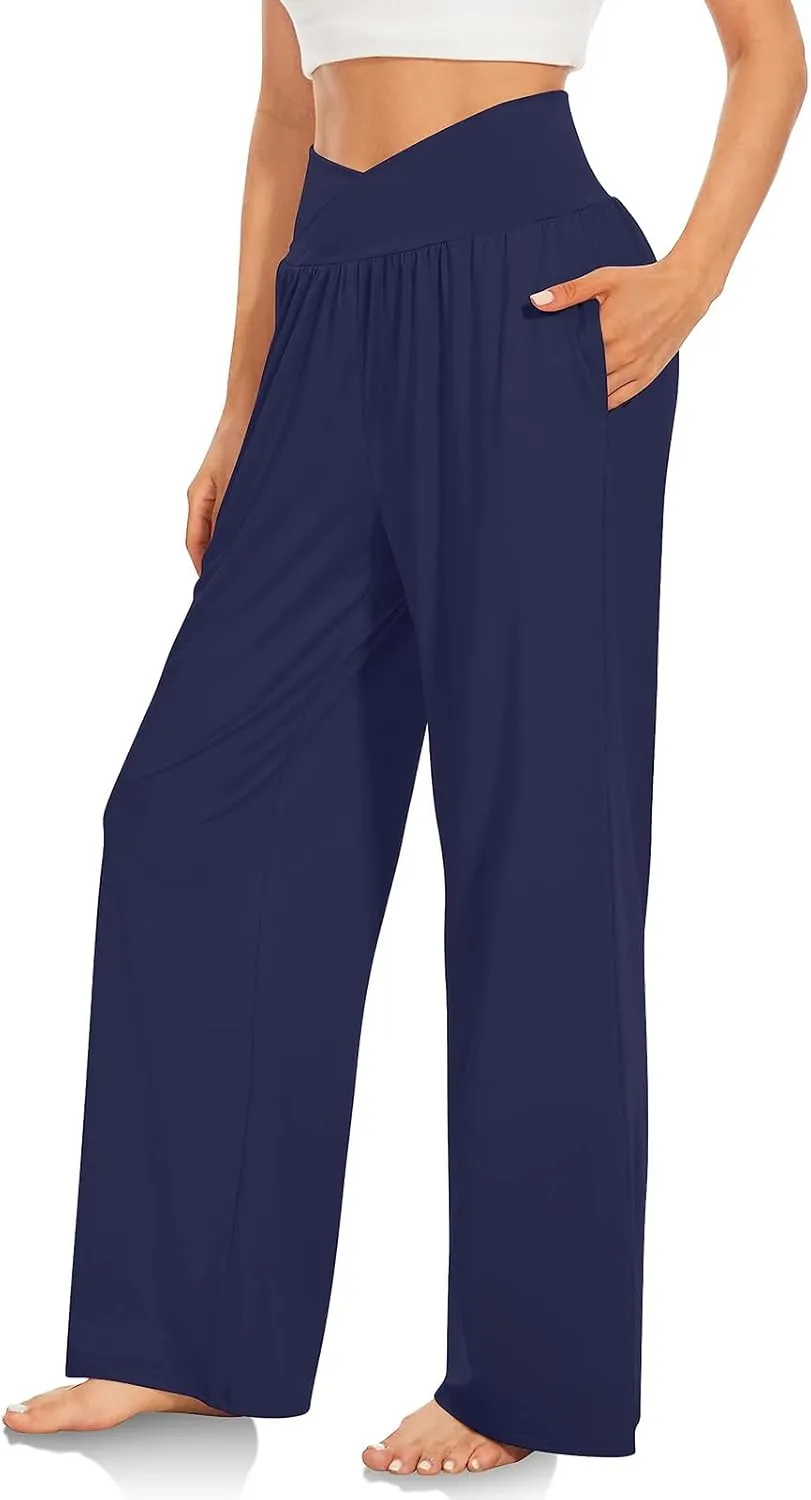 SMIDOW Womens Wide Leg Yoga Pants with Pockets Casual Loose High Waist Workout Pants Comfy Lounge Trousers Bootcut