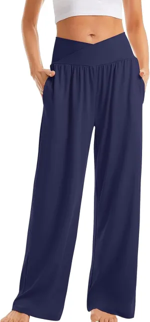 SMIDOW Womens Wide Leg Yoga Pants with Pockets Casual Loose High Waist Workout Pants Comfy Lounge Trousers Bootcut