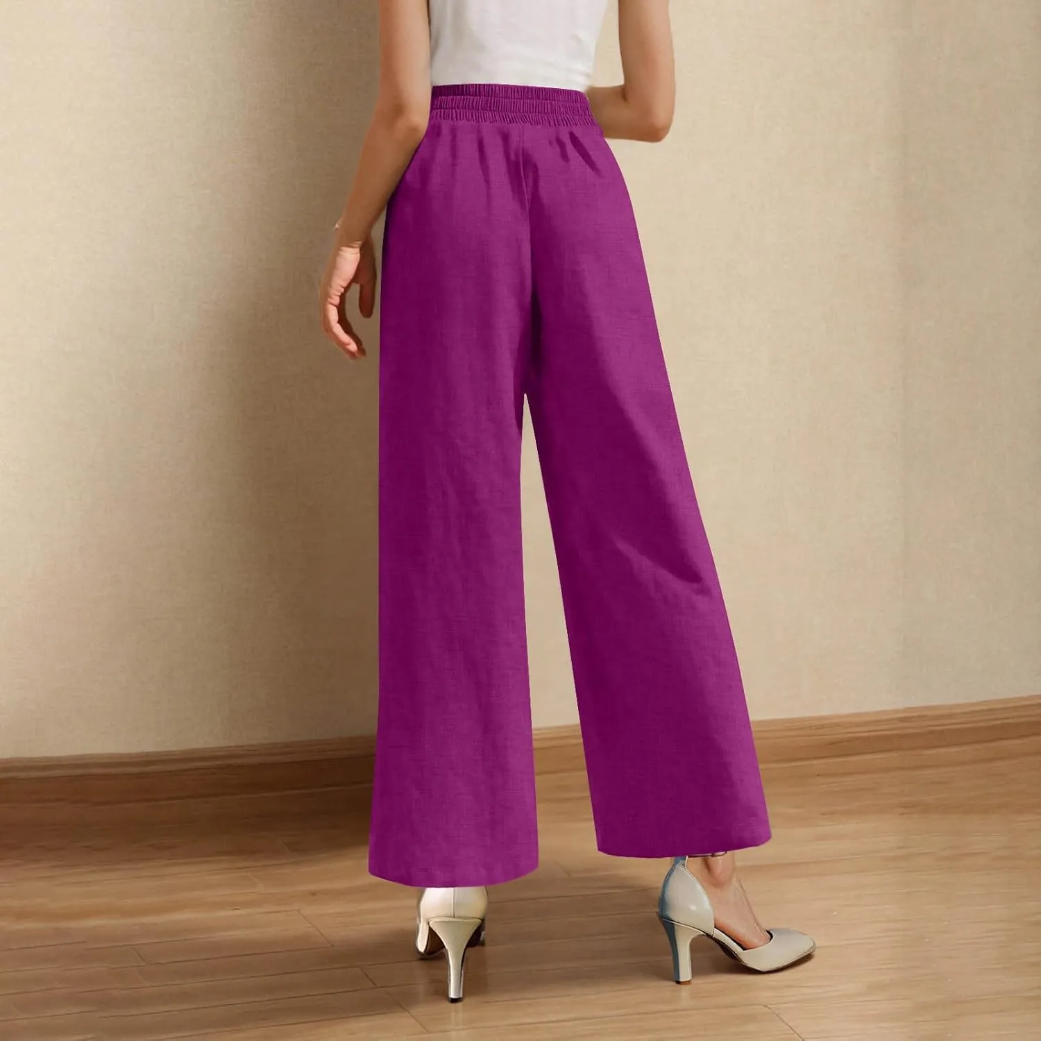 Straight Leg Trousers for Women Business Casual Work Pants Stretchy Wide Leg Elastic High Waist Slacks with Pockets