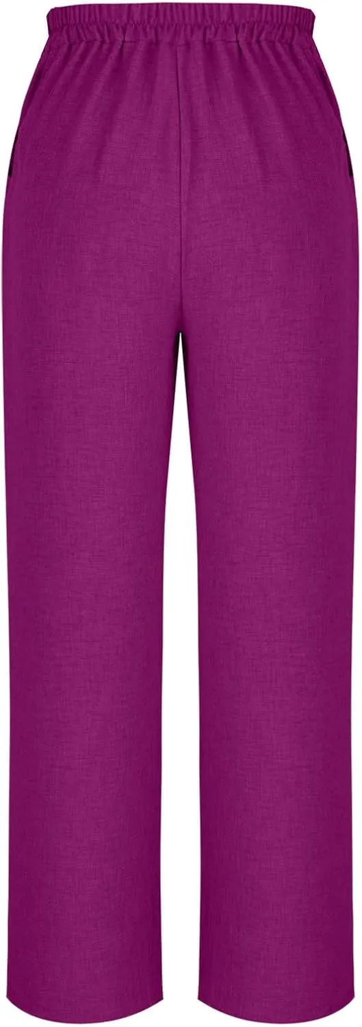 Straight Leg Trousers for Women Business Casual Work Pants Stretchy Wide Leg Elastic High Waist Slacks with Pockets