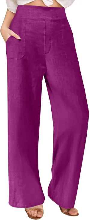 Straight Leg Trousers for Women Business Casual Work Pants Stretchy Wide Leg Elastic High Waist Slacks with Pockets