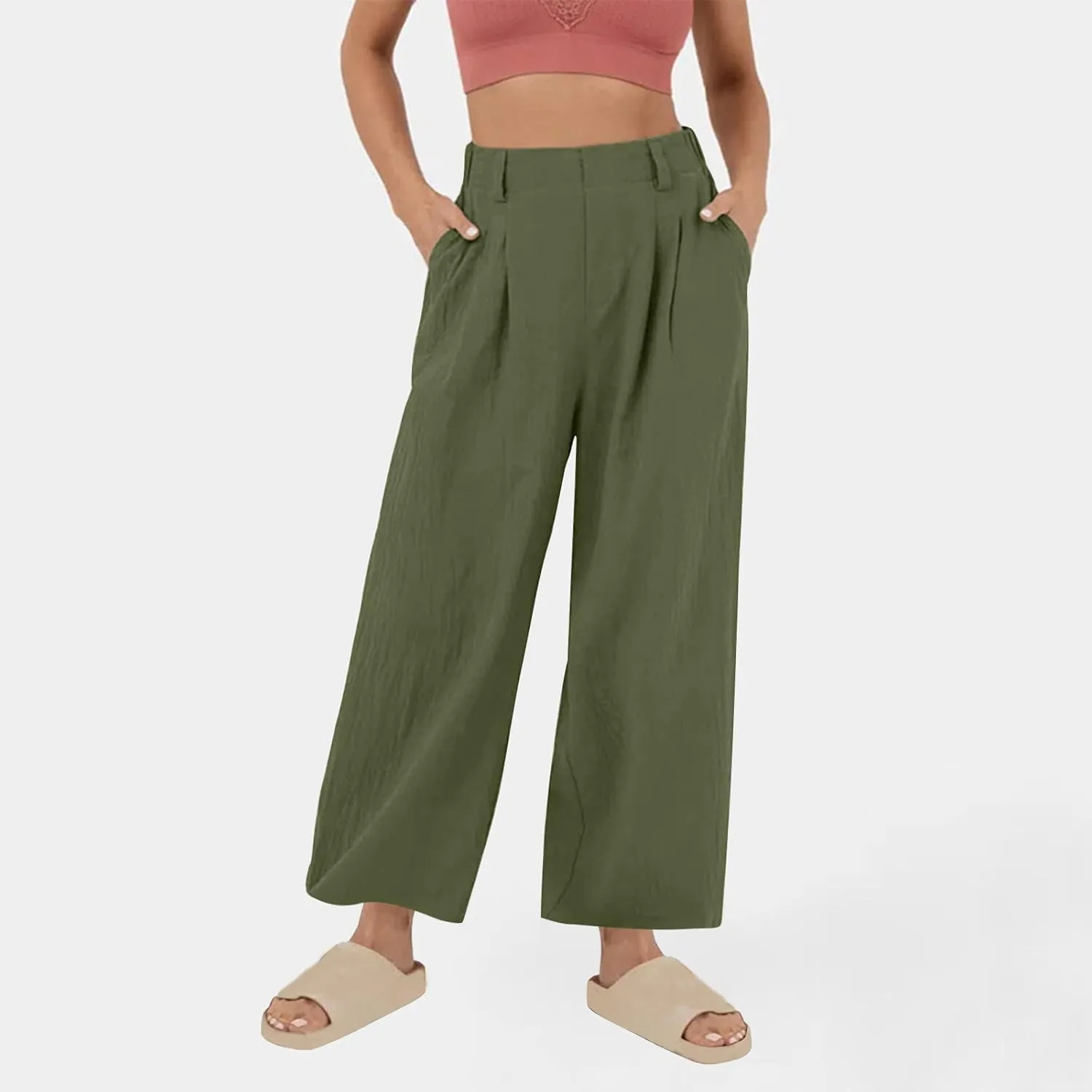 Summer Cotton Linen Pants for Women Loose Fit Wide Leg Trousers High Waist Flowy Beach Palazzo Pants with Pocket