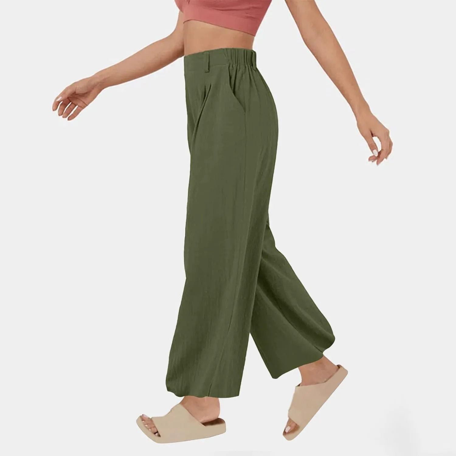Summer Cotton Linen Pants for Women Loose Fit Wide Leg Trousers High Waist Flowy Beach Palazzo Pants with Pocket