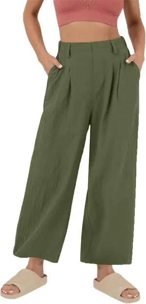 Summer Cotton Linen Pants for Women Loose Fit Wide Leg Trousers High Waist Flowy Beach Palazzo Pants with Pocket