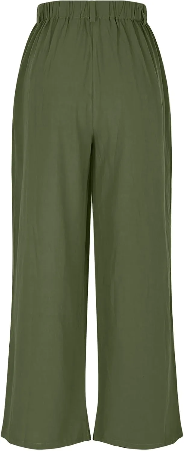 Summer Cotton Linen Pants for Women Loose Fit Wide Leg Trousers High Waist Flowy Beach Palazzo Pants with Pocket