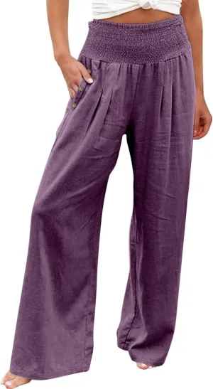 Summer Cotton Linen Trousers for Women, Drawstring Fashion Sweat Pants Beach Wide Leg High Waisted Comfy Slacks