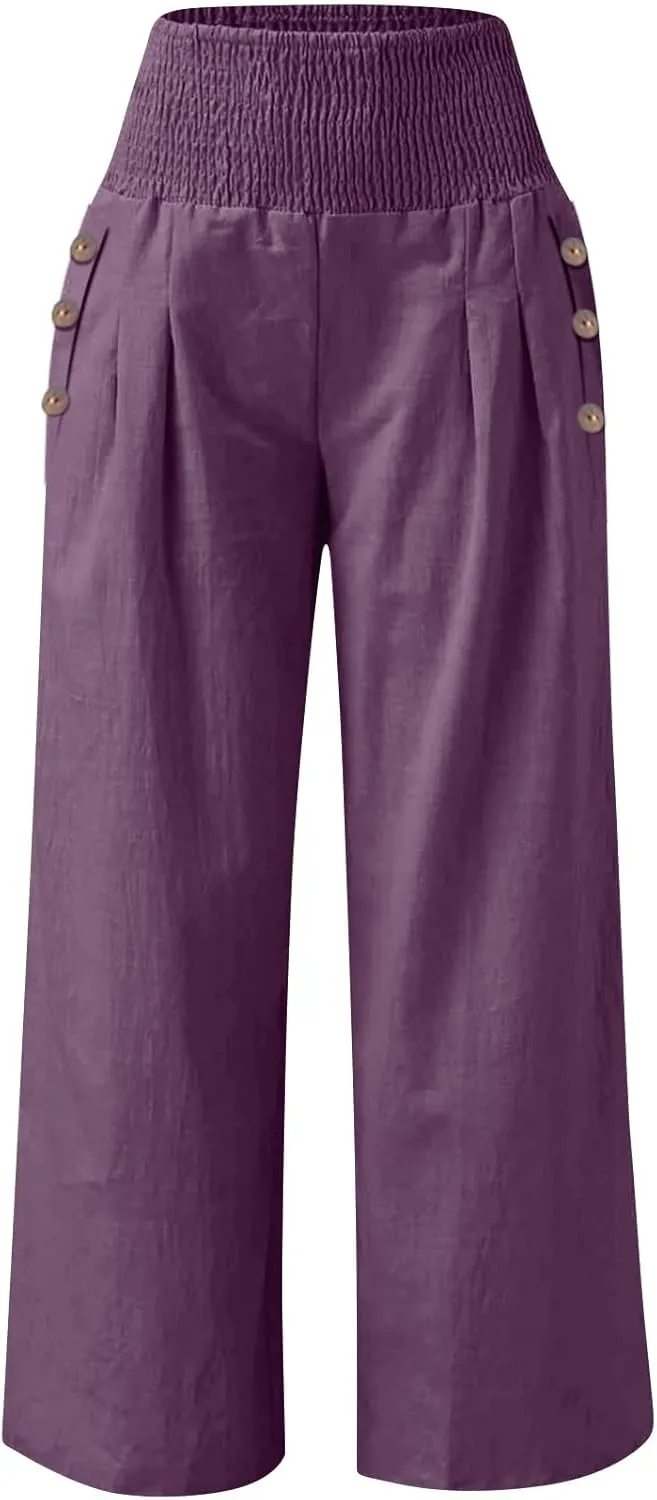 Summer Cotton Linen Trousers for Women, Drawstring Fashion Sweat Pants Beach Wide Leg High Waisted Comfy Slacks