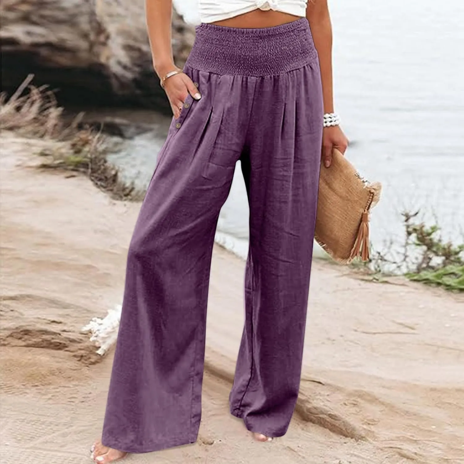 Summer Cotton Linen Trousers for Women, Drawstring Fashion Sweat Pants Beach Wide Leg High Waisted Comfy Slacks