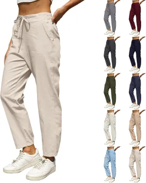 Summer Linen Pants for Women Drawstring Elastic High Waisted Casual Pants Loose Fit Beach Lounge Trousers with Pocket