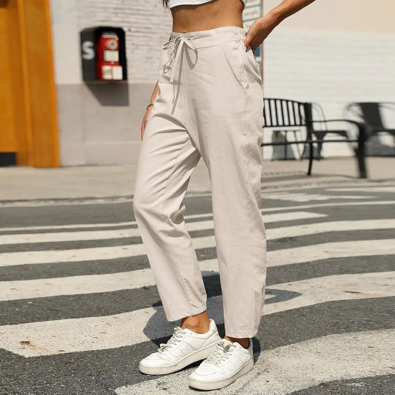 Summer Linen Pants for Women Drawstring Elastic High Waisted Casual Pants Loose Fit Beach Lounge Trousers with Pocket