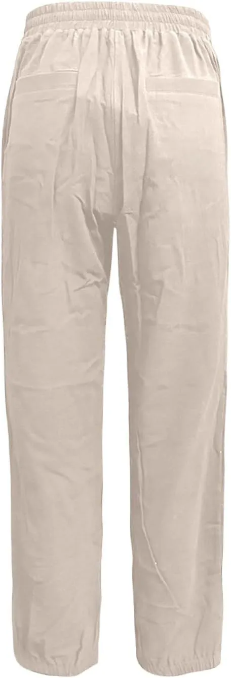 Summer Linen Pants for Women Drawstring Elastic High Waisted Casual Pants Loose Fit Beach Lounge Trousers with Pocket