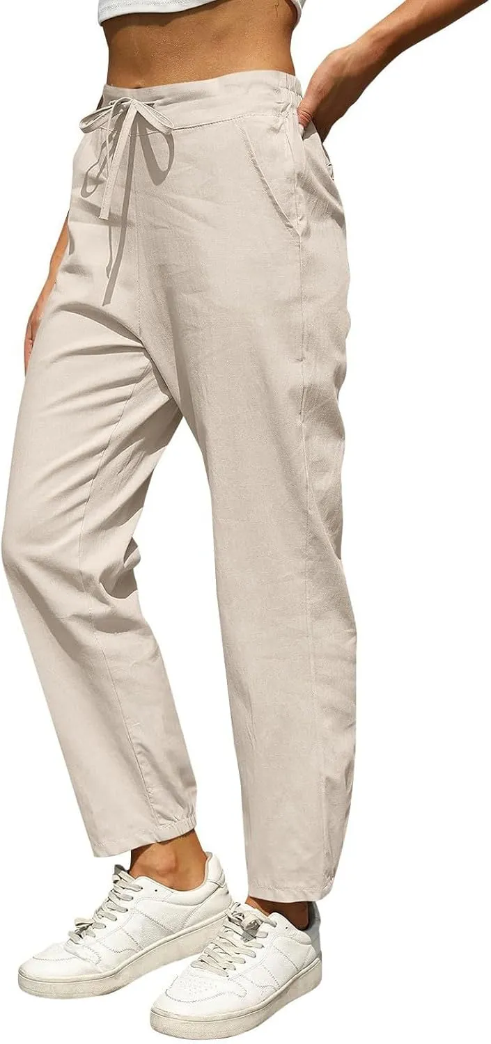 Summer Linen Pants for Women Drawstring Elastic High Waisted Casual Pants Loose Fit Beach Lounge Trousers with Pocket