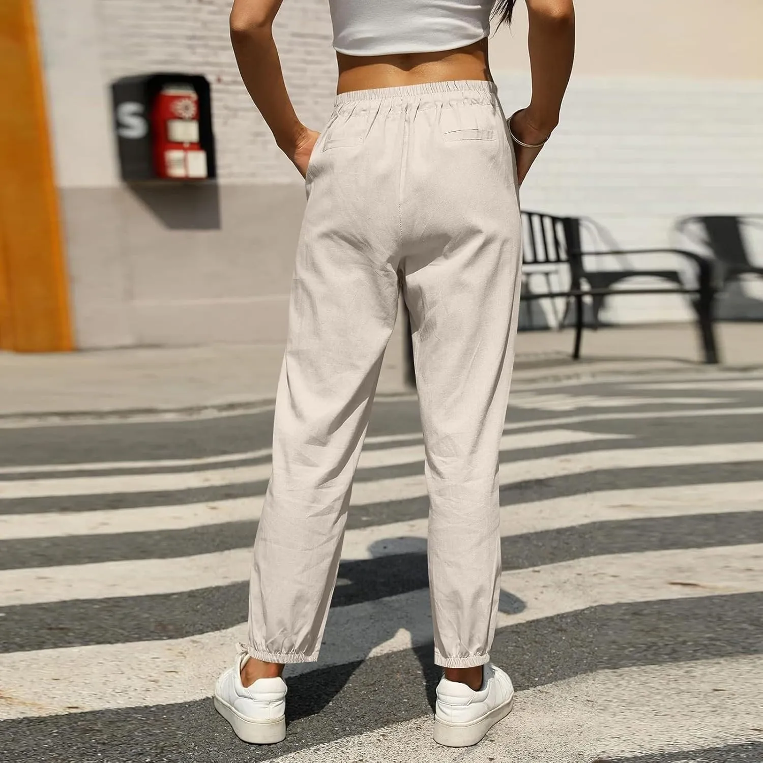 Summer Linen Pants for Women Drawstring Elastic High Waisted Casual Pants Loose Fit Beach Lounge Trousers with Pocket