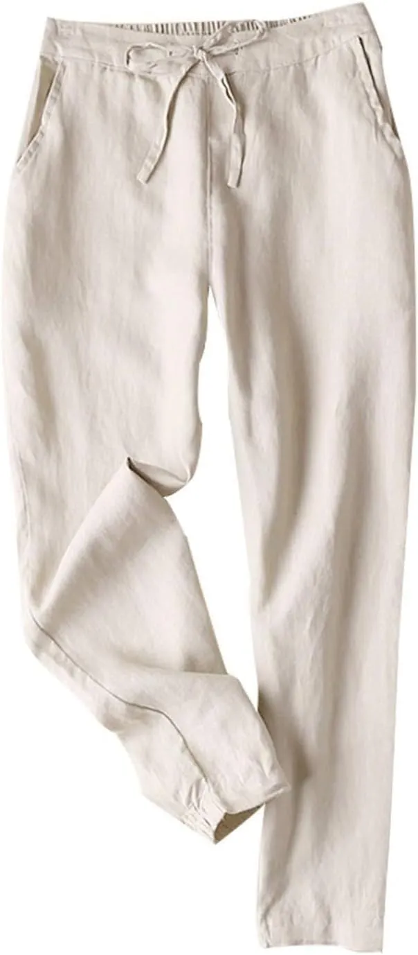 Summer Linen Pants for Women Drawstring Elastic High Waisted Casual Pants Loose Fit Beach Lounge Trousers with Pocket