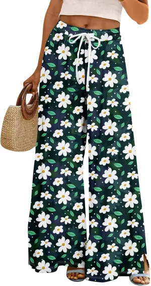 Summer Wide Leg Pants High Waistd Beach Palazzo Pants Side Split Drawstring Elastic Waist Floral Print Pockets Trouser