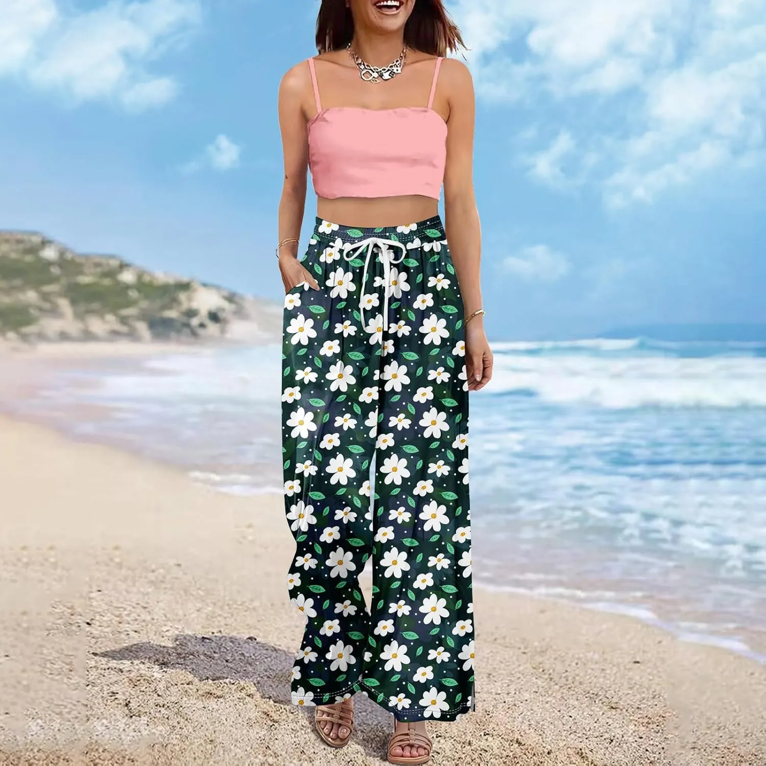 Summer Wide Leg Pants High Waistd Beach Palazzo Pants Side Split Drawstring Elastic Waist Floral Print Pockets Trouser