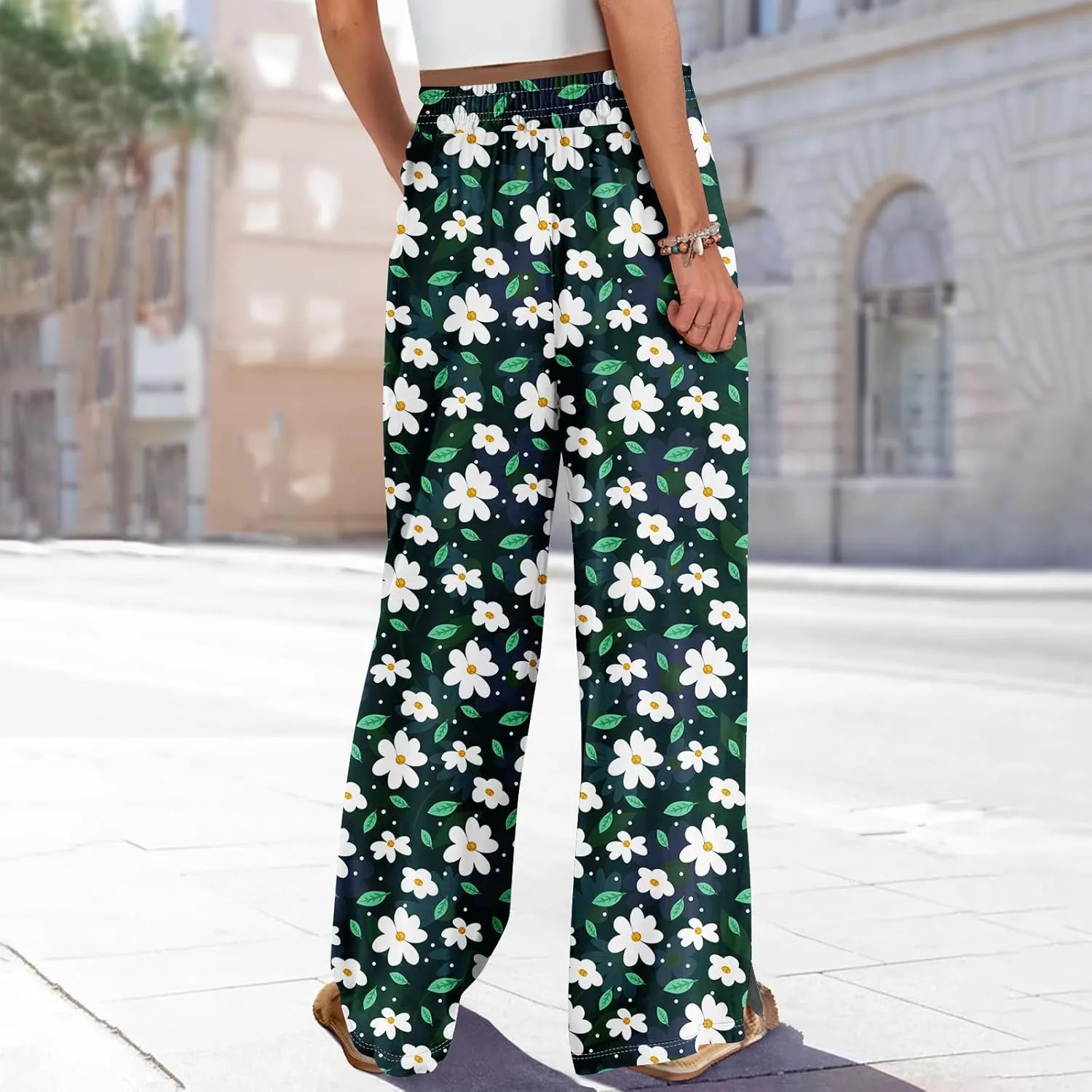 Summer Wide Leg Pants High Waistd Beach Palazzo Pants Side Split Drawstring Elastic Waist Floral Print Pockets Trouser