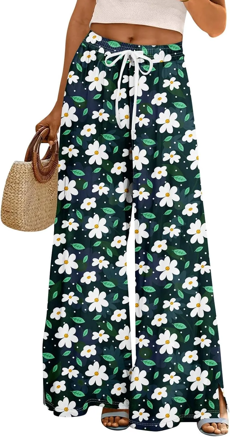 Summer Wide Leg Pants High Waistd Beach Palazzo Pants Side Split Drawstring Elastic Waist Floral Print Pockets Trouser