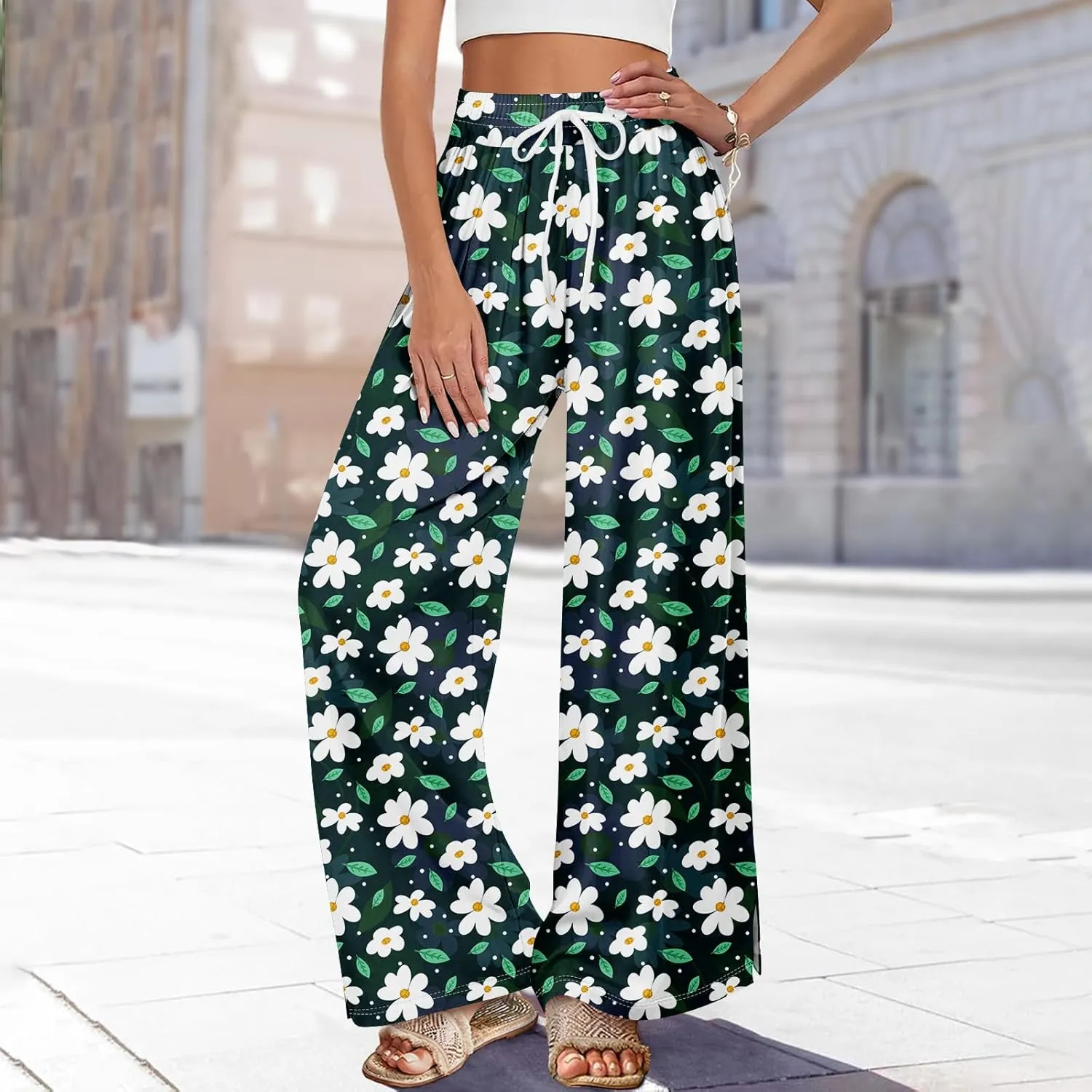 Summer Wide Leg Pants High Waistd Beach Palazzo Pants Side Split Drawstring Elastic Waist Floral Print Pockets Trouser