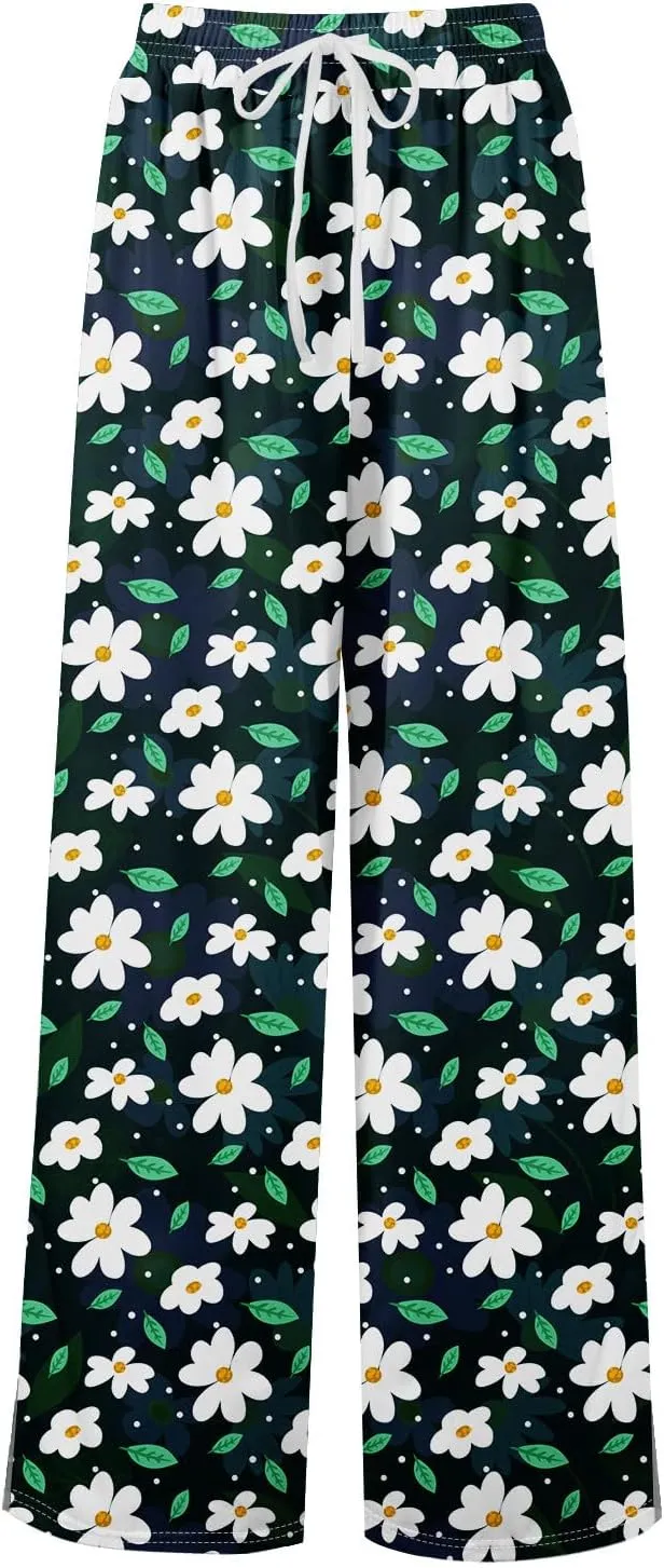 Summer Wide Leg Pants High Waistd Beach Palazzo Pants Side Split Drawstring Elastic Waist Floral Print Pockets Trouser
