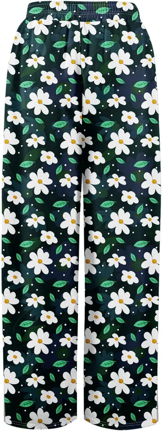 Summer Wide Leg Pants High Waistd Beach Palazzo Pants Side Split Drawstring Elastic Waist Floral Print Pockets Trouser