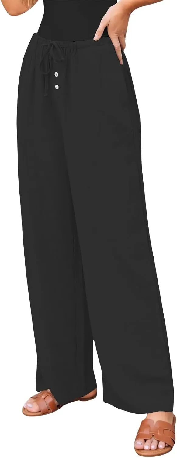 Summer Womens Work Pants Linen Drawstring Vacation Baggy Pants Wide Leg Palazzo High Waisted Pocket Solid Trouser 2025