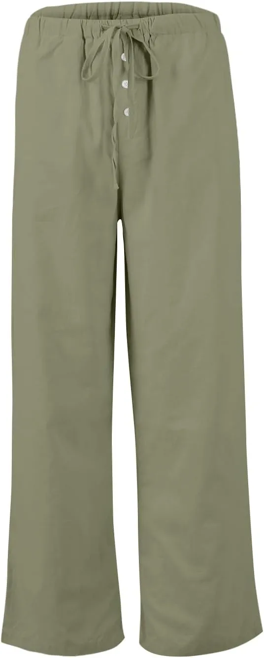 Summer Womens Work Pants Linen Drawstring Vacation Baggy Pants Wide Leg Palazzo High Waisted Pocket Solid Trouser 2025