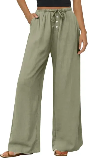 Summer Womens Work Pants Linen Drawstring Vacation Baggy Pants Wide Leg Palazzo High Waisted Pocket Solid Trouser 2025