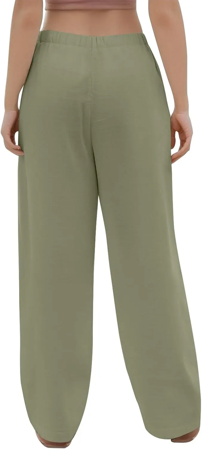 Summer Womens Work Pants Linen Drawstring Vacation Baggy Pants Wide Leg Palazzo High Waisted Pocket Solid Trouser 2025