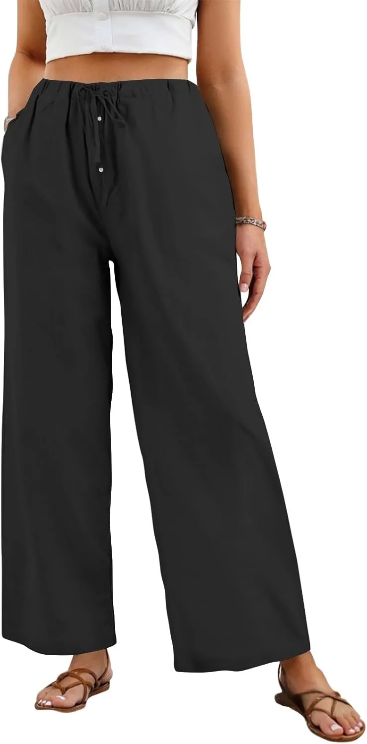 Summer Womens Work Pants Linen Drawstring Vacation Baggy Pants Wide Leg Palazzo High Waisted Pocket Solid Trouser 2025