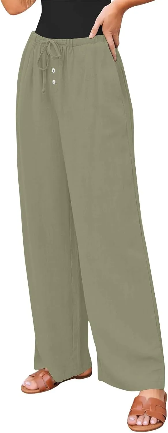Summer Womens Work Pants Linen Drawstring Vacation Baggy Pants Wide Leg Palazzo High Waisted Pocket Solid Trouser 2025
