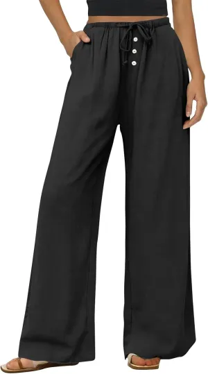 Summer Womens Work Pants Linen Drawstring Vacation Baggy Pants Wide Leg Palazzo High Waisted Pocket Solid Trouser 2025