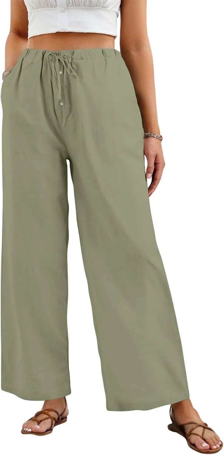 Summer Womens Work Pants Linen Drawstring Vacation Baggy Pants Wide Leg Palazzo High Waisted Pocket Solid Trouser 2025