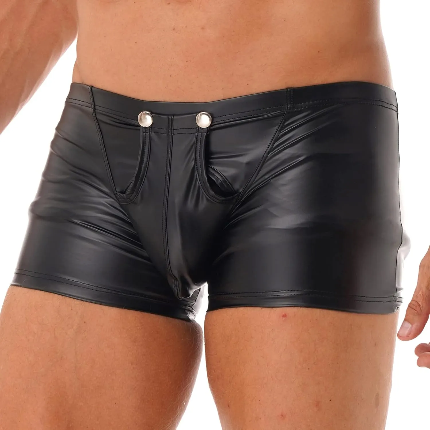 Sxiwei Men's Wet Look Pouch Press Button Boxer Briefs Underwear Elastic Trunks Faux Leather Trunks Shorts
