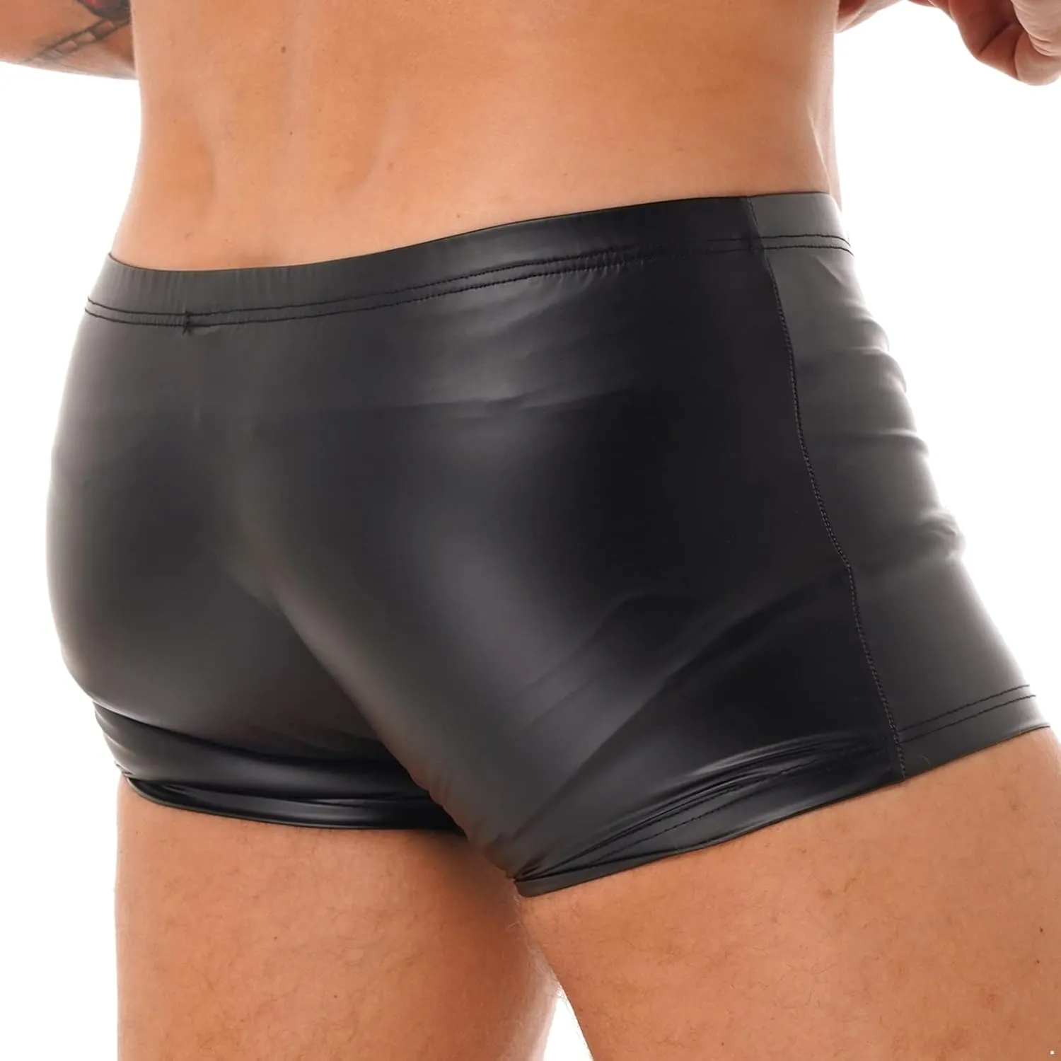 Sxiwei Men's Wet Look Pouch Press Button Boxer Briefs Underwear Elastic Trunks Faux Leather Trunks Shorts